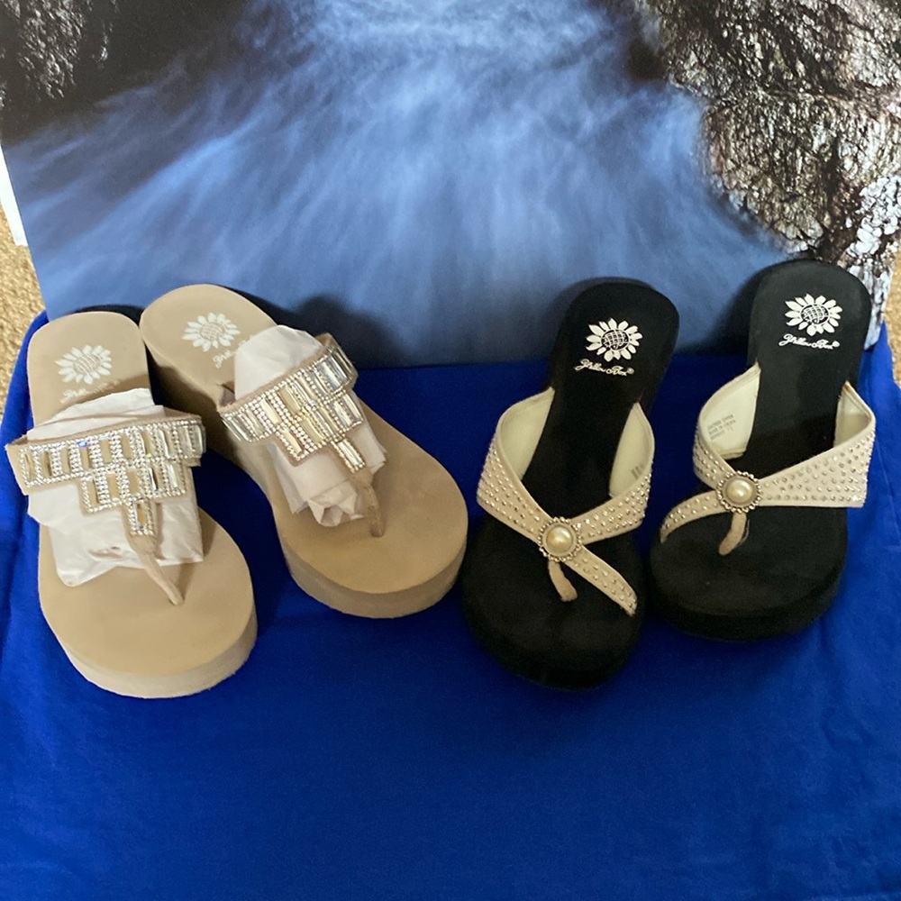 Yellow Box sandals beige with rhinestones and black with rhinestones. ☀️☀️☀️